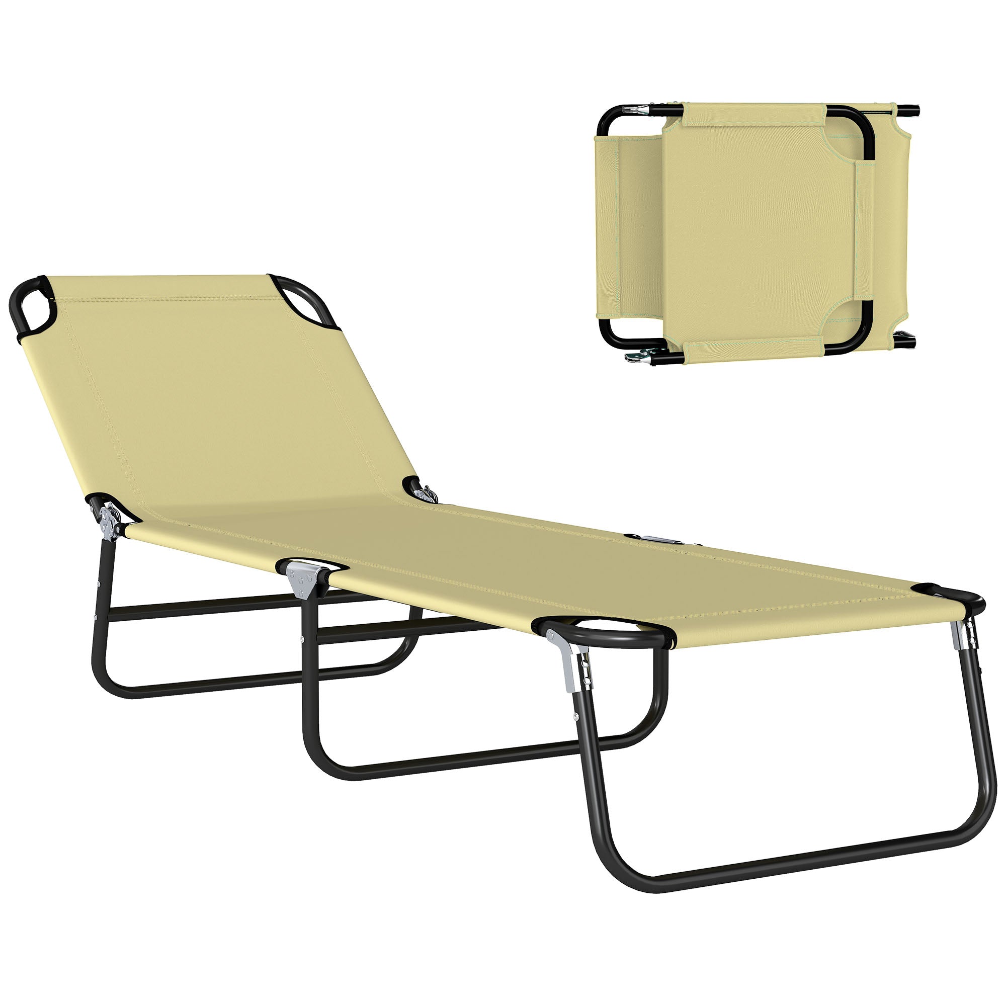 Folding Chaise Lounge Pool Chairs, Outdoor Sun Tanning Chairs with 5-Level Reclining Back, Steel Frame for Beach, Yard, Patio, Beige