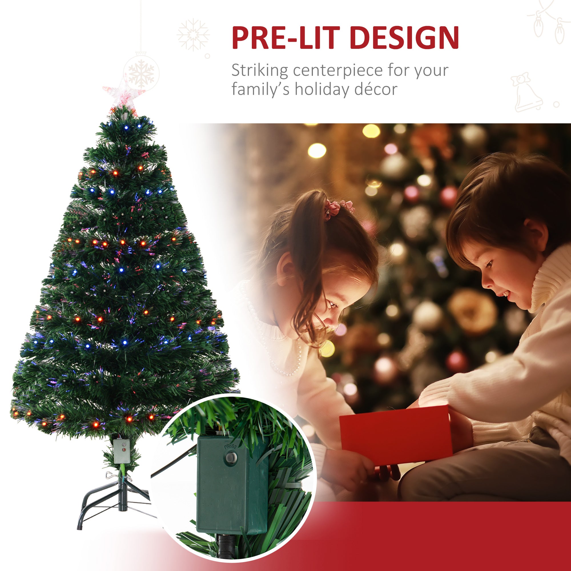 4ft Fiber Optic Artificial Fir Christmas Tree, LED Pre-Lit Holiday Decoration with 130 Lights and Branch Tips