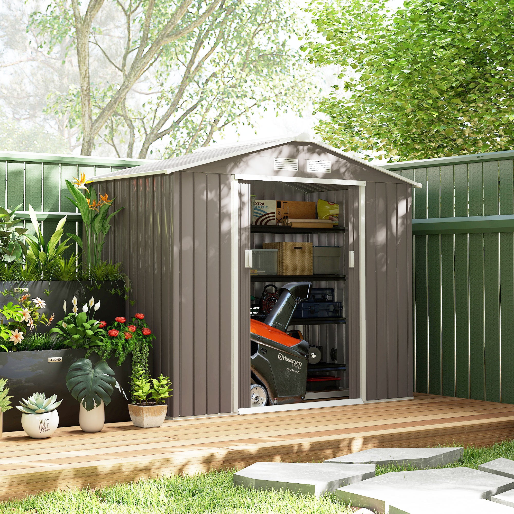 7' x 4' Outdoor Storage Shed, Garden Tool Metal Shed with Foundation Kit, Double Lockable Door, Air Vents and Sloping Roof, for Backyard, Patio, Lawn, Gray