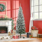 6ft Flocked Christmas Tree, Pencil Artificial Xmas Tree with Faux Snow, Dense Branches, Foldable Metal Base for Indoor Holiday Decor