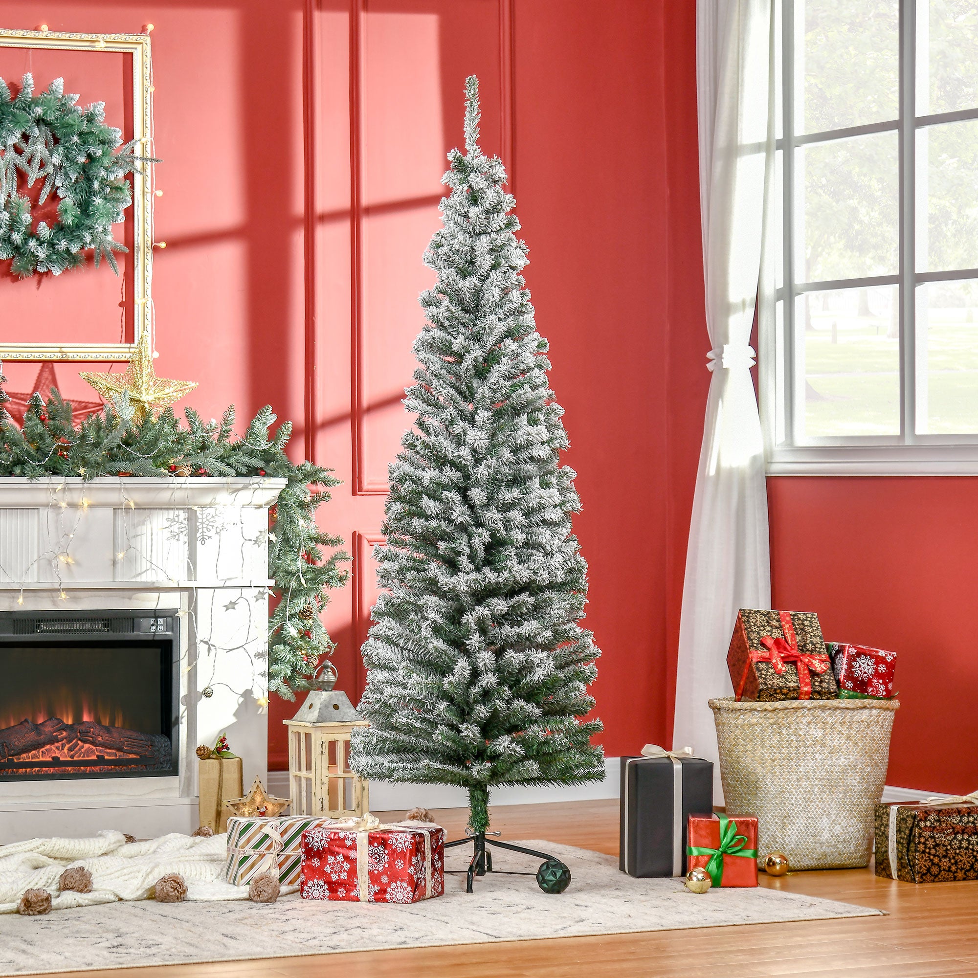 6ft Flocked Christmas Tree, Pencil Artificial Xmas Tree with Faux Snow, Dense Branches, Foldable Metal Base for Indoor Holiday Decor
