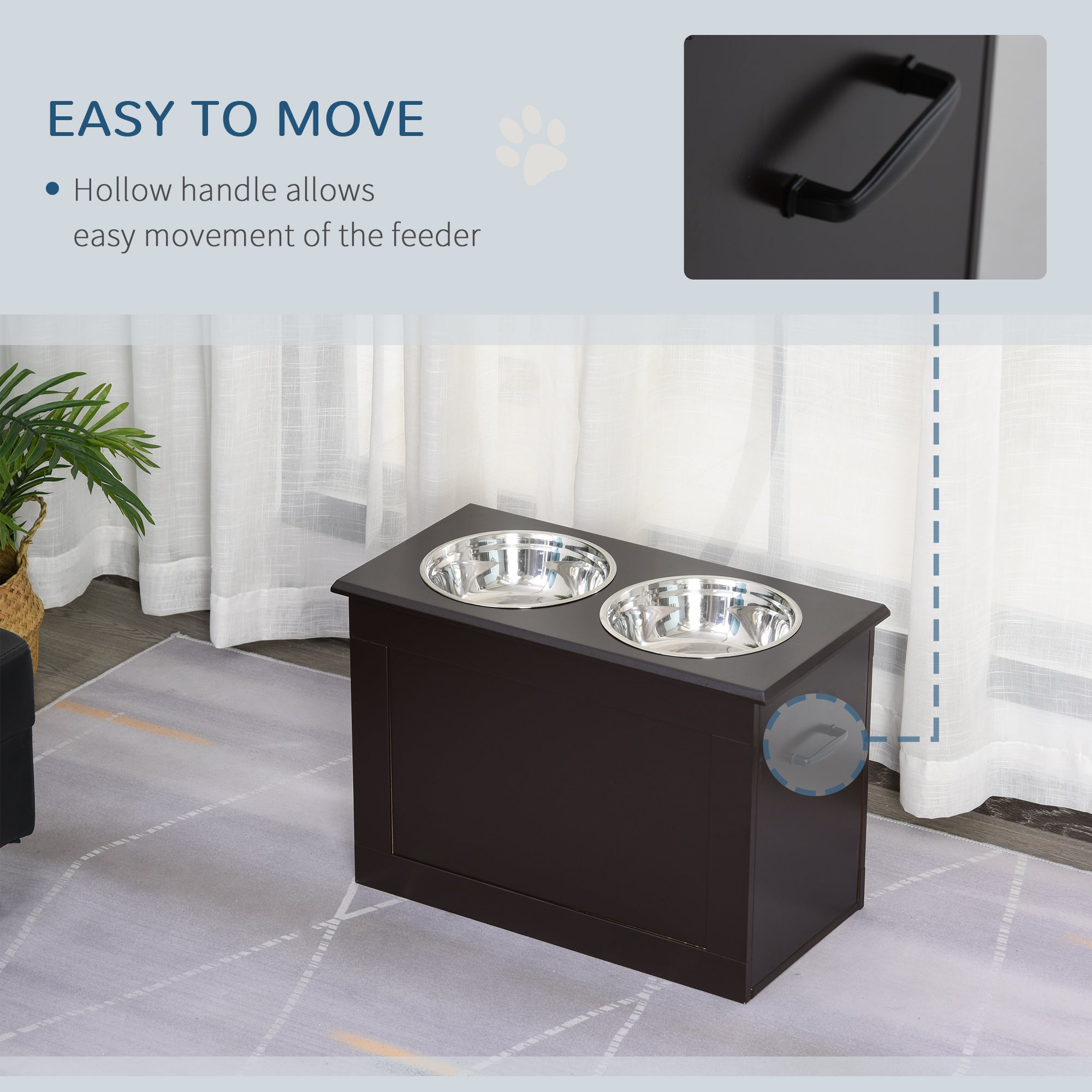 Raised Pet Feeding Storage Station with 2 Stainless Steel Bowls Base for Large Dogs and Other Large Pets, Coffee