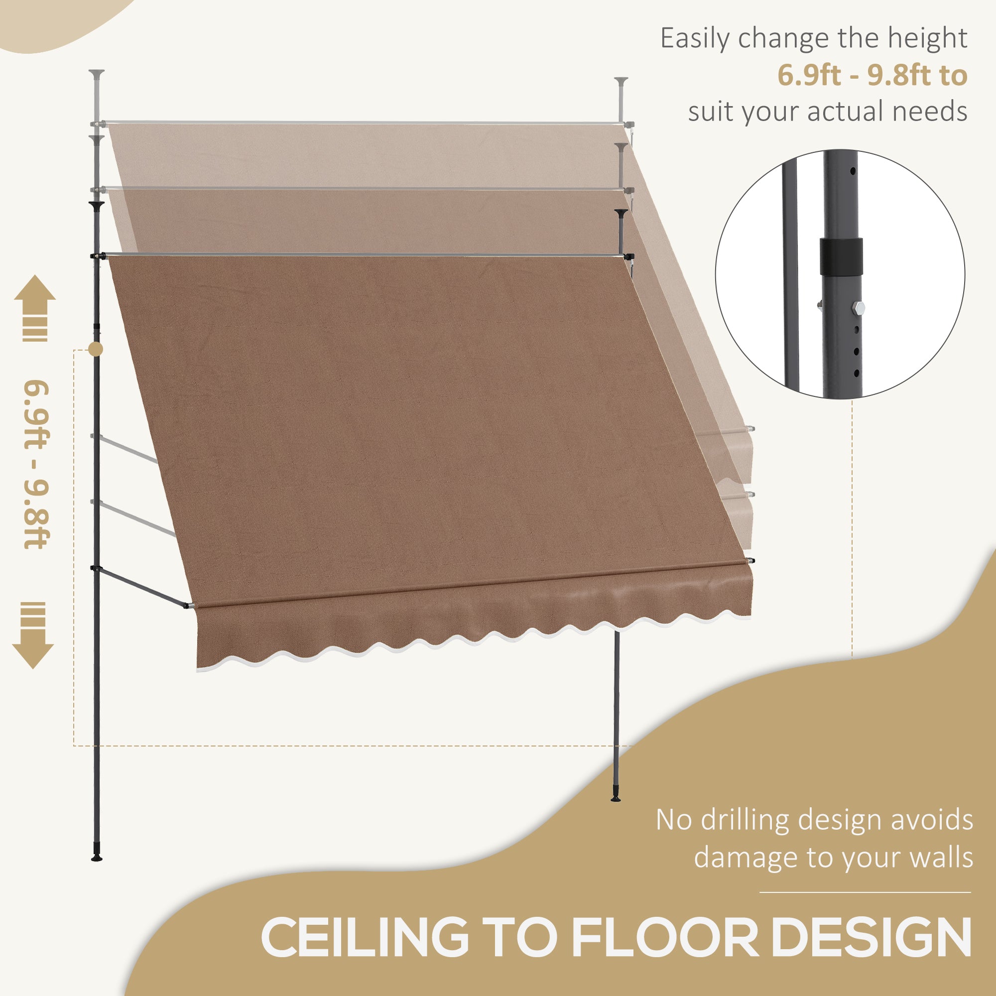 10' x 4' Manual Retractable Awning, Non-Screw Patio Awning, UV Resistant, for Window or Door, Coffee