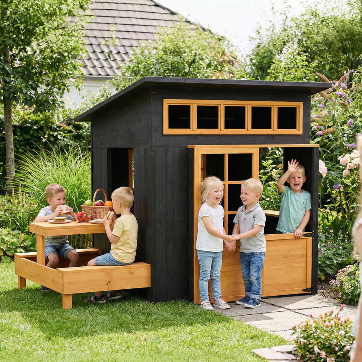 Outdoor Playhouse, Wooden Kids Playhouse w/ Picnic Table & Benches, Chalkboards, Half Door, Windows, for Kids Ages 3-8