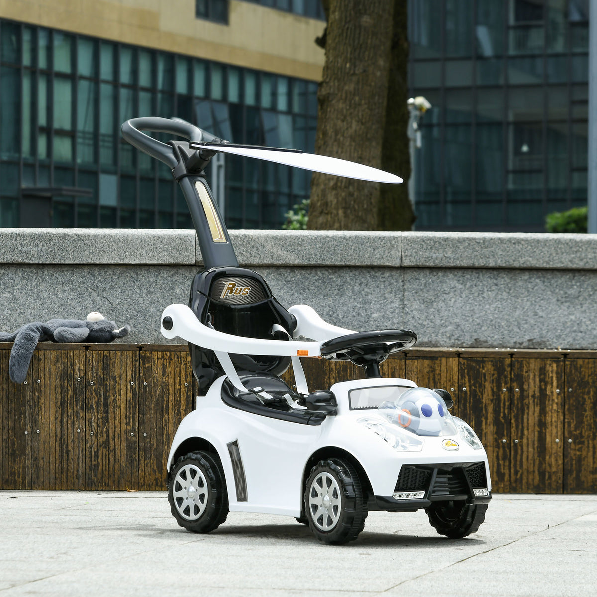 3 in 1 Push Car Sliding Car with Removable Handle, Music, Horn, Canopy, Safety Guardrail, White