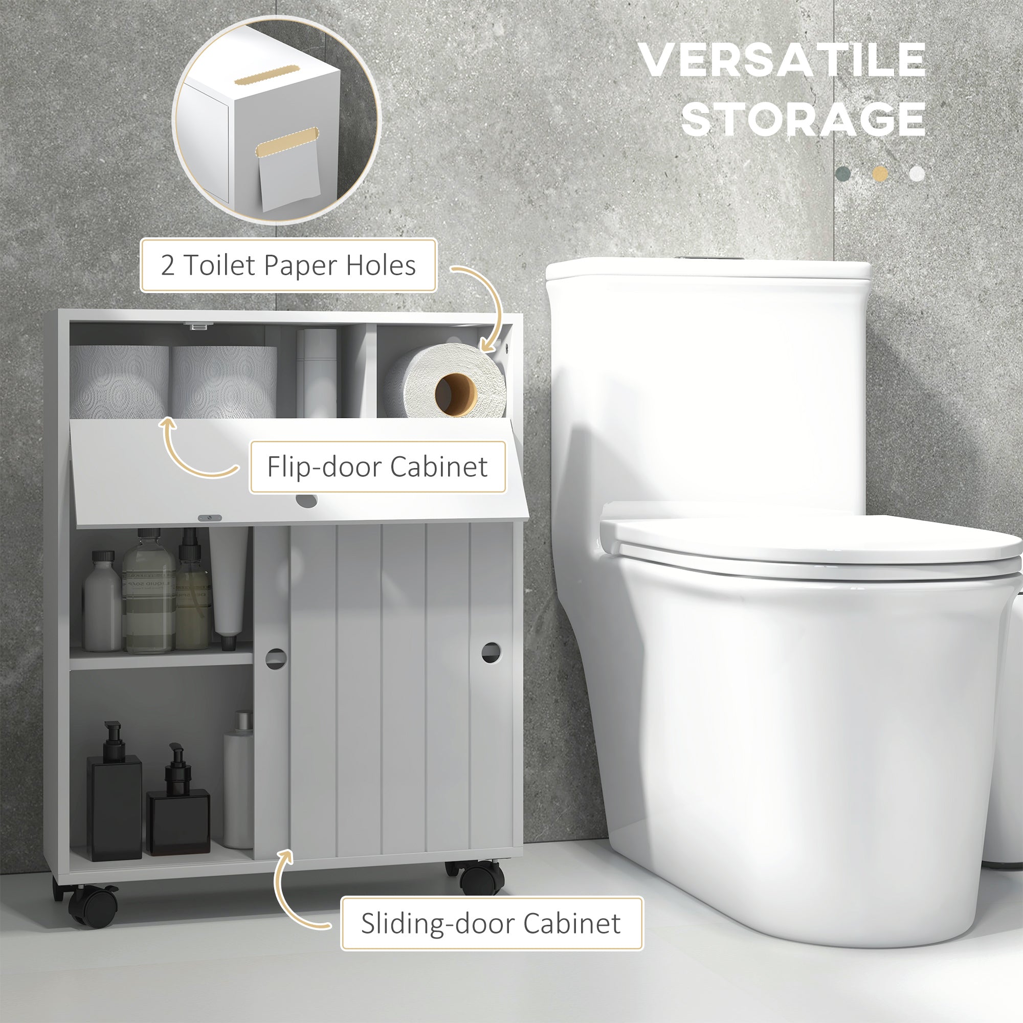 Toilet Paper Cabinet, Slim Bathroom Cabinet with 4 Rolling Wheels, Small Bathroom Storage Cabinet with Paper Holes, Sliding Doors and Adjustable Shelf for Small Space, White