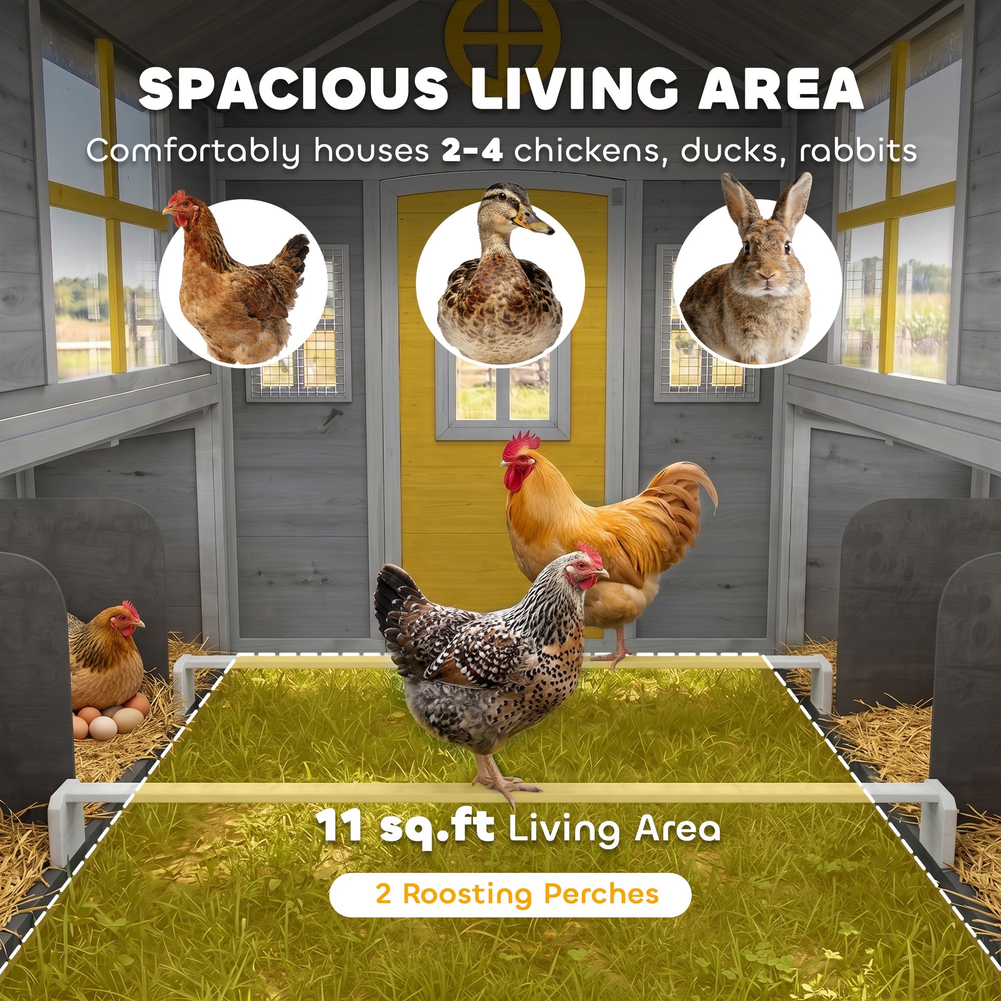 Wooden Chicken Coop, Hen House for 2-4 Hens, Outdoor Playhouse Poultry Cage with Nesting Boxes, Waterproof Roof, Windows