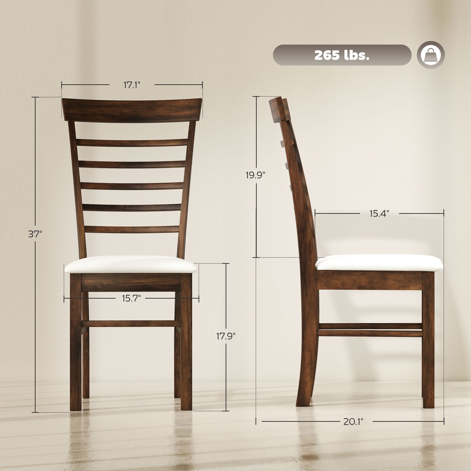 Wooden Dining Chairs Set of 2, Farmhouse Upholstered Kitchen Chairs with Rubber Wood Frame, Dark Brown and Beige