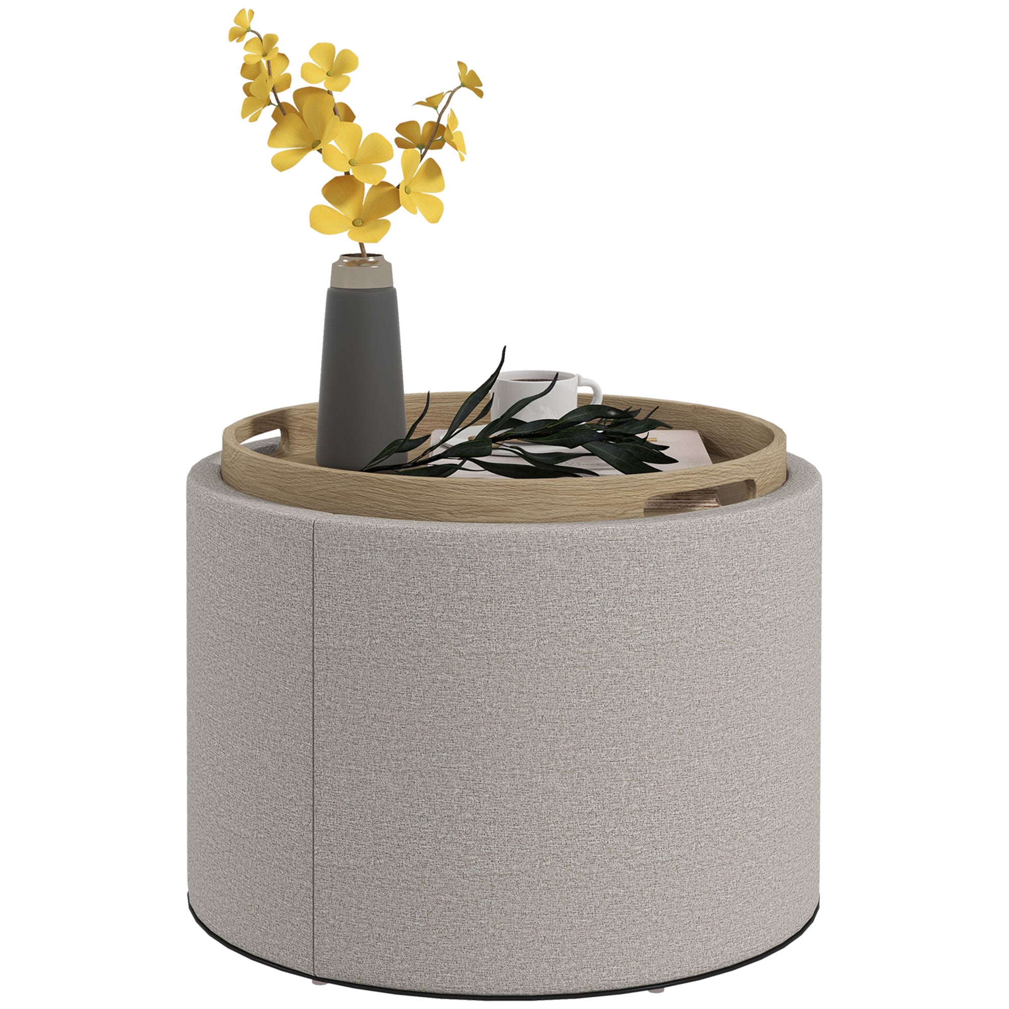 Round Storage Ottoman Coffee Table with Flip Top Tray, Linen Fabric Upholstered Footstool with Hidden Compartment