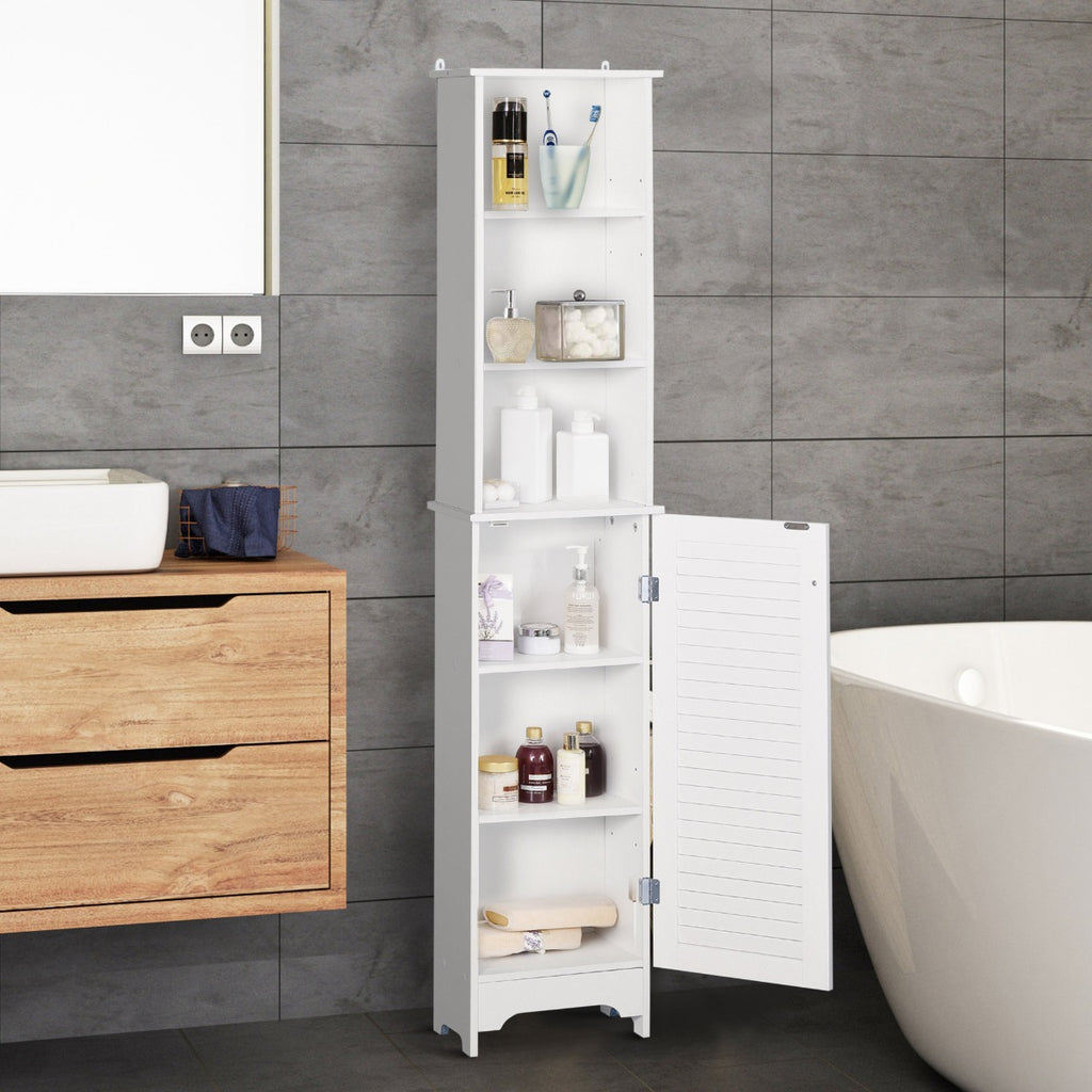 Tall Bathroom Storage Cabinet/Freestanding Linen Tower with 3-Tier Open Adjustable Shelf and Cupboard, White