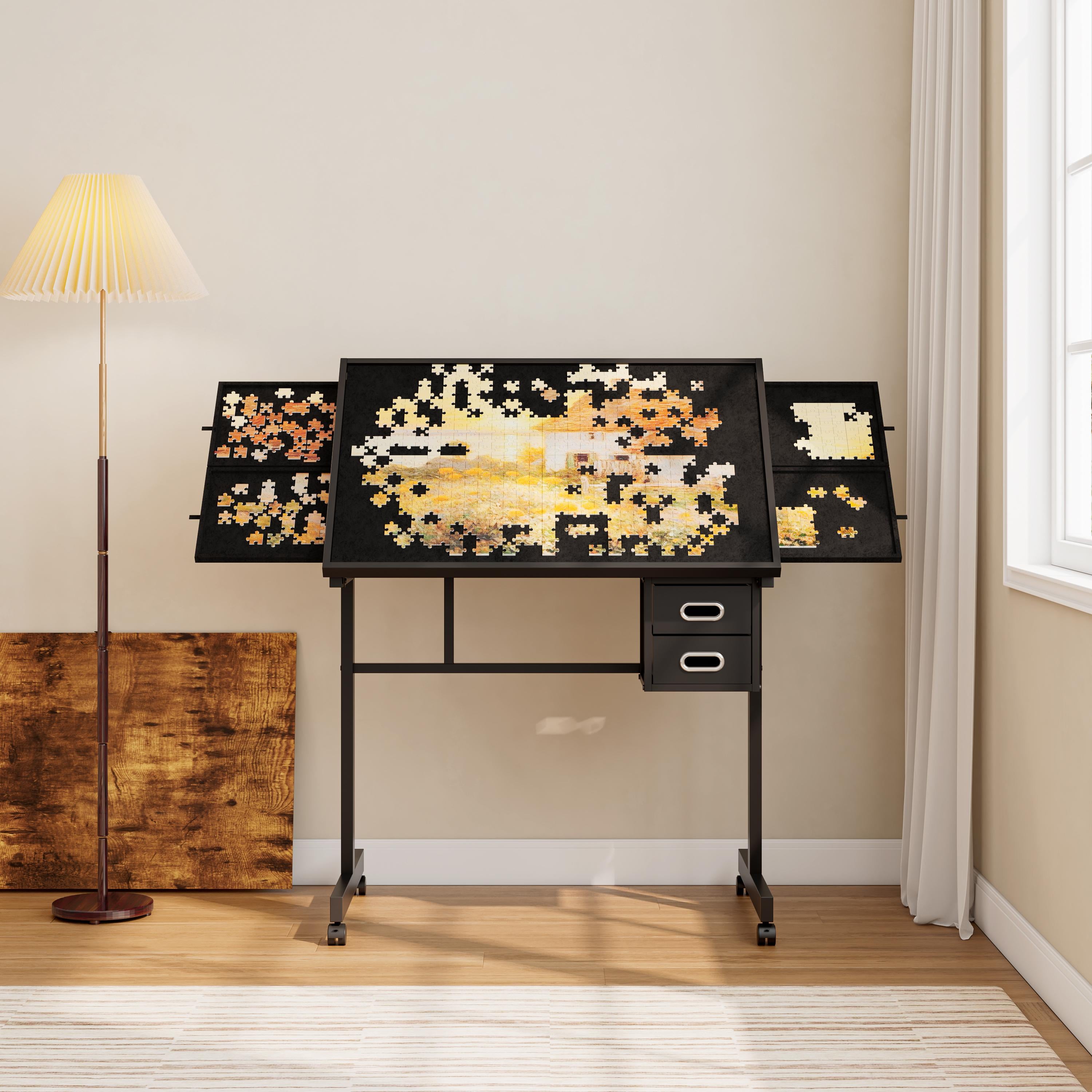 1000-Piece Jigsaw Puzzle Table Board with 4 Felt Storage Trays, 2 Nonwoven Drawers, Drawing Desk for Kids, 35.5" L x 23.5" W x 31.5" H, Black