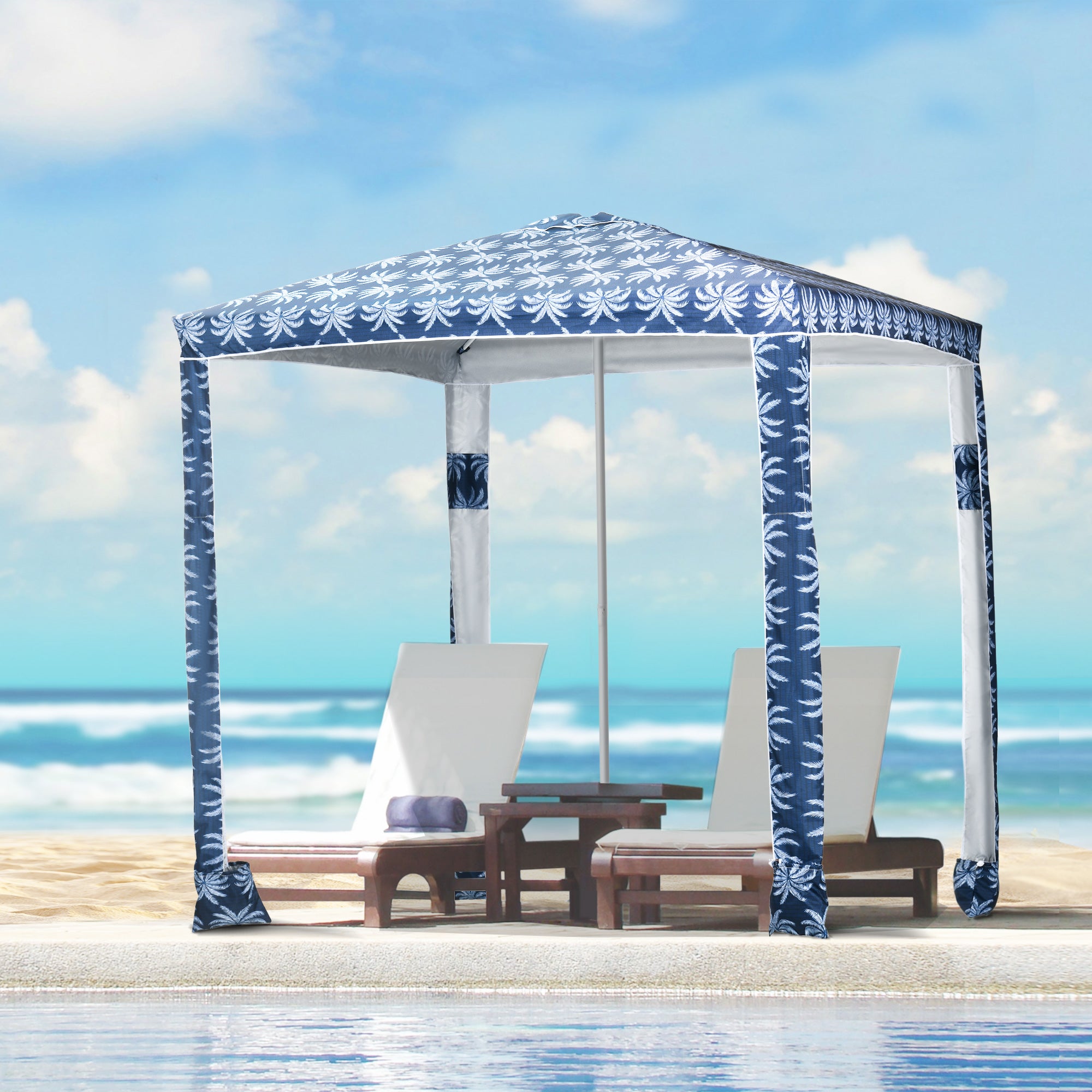 Quick Beach Cabana Canopy Umbrella, 6.5' Easy-Assembly Sun-Shade Shelter with Sandbags and Carry Bag, Cool UV50+ Fits Kids & Family, Blue Coconut Palm