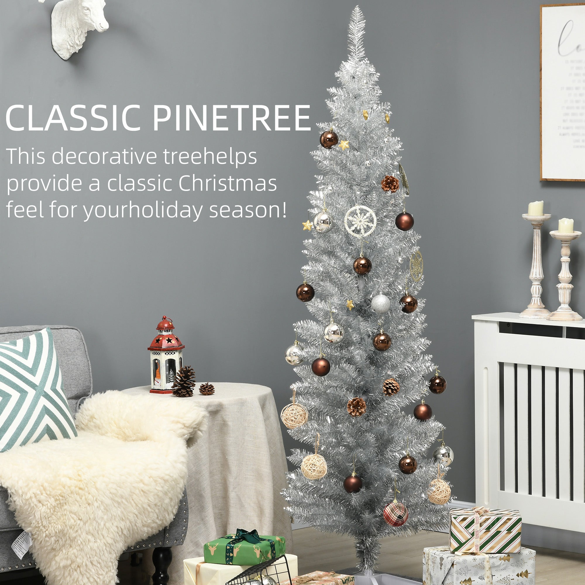6' Artificial Pencil Christmas Tree, Slim Xmas Tree with 390 Realistic Branch Tips and Plastic Stand, Silver