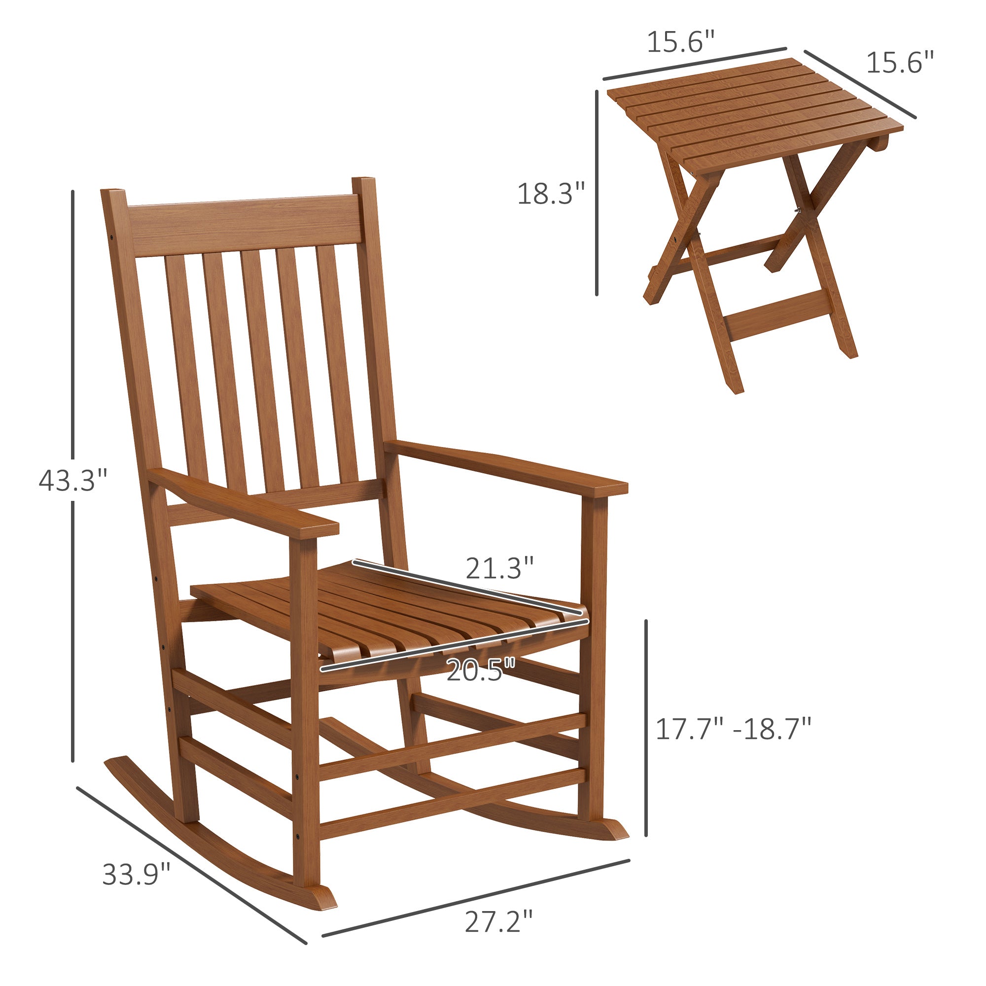 Outdoor Rocking Chair Set of 2 with Side Table, Patio Wooden Rocking Chair with Smooth Armrests, High Back for Garden, Balcony, Porch, Supports Up to 352 lbs, Teak