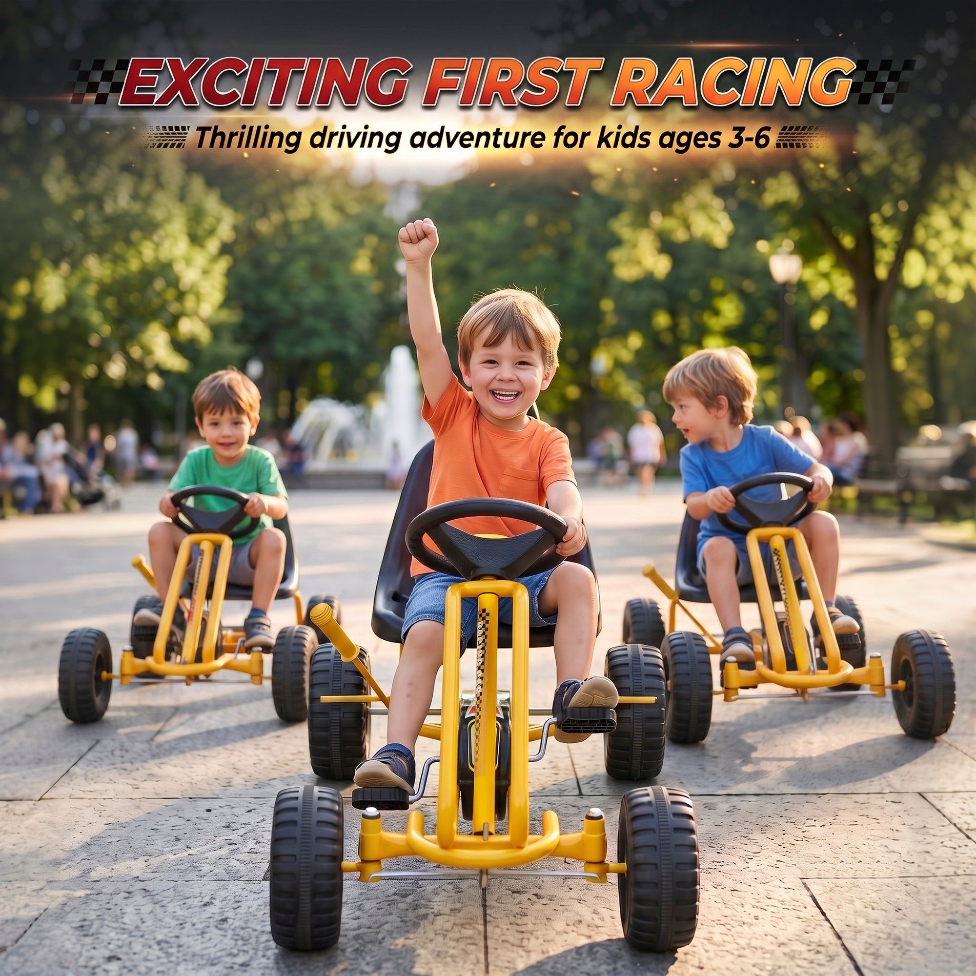 Go Kart for Kids, 4 Wheel Pedal Go Cart with Adjustable Seat, Safety Hand Brake for Boys Girls 3-6 Years, Yellow
