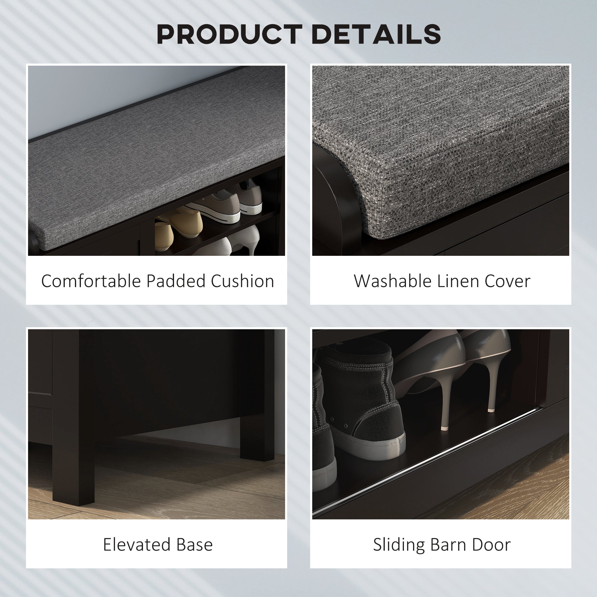 Modern Shoe Storage Bench, Entry Way Bench with Cushion, 2 Sliding Doors, Storage Ottoman Bench, Holds 10 Pairs, Black