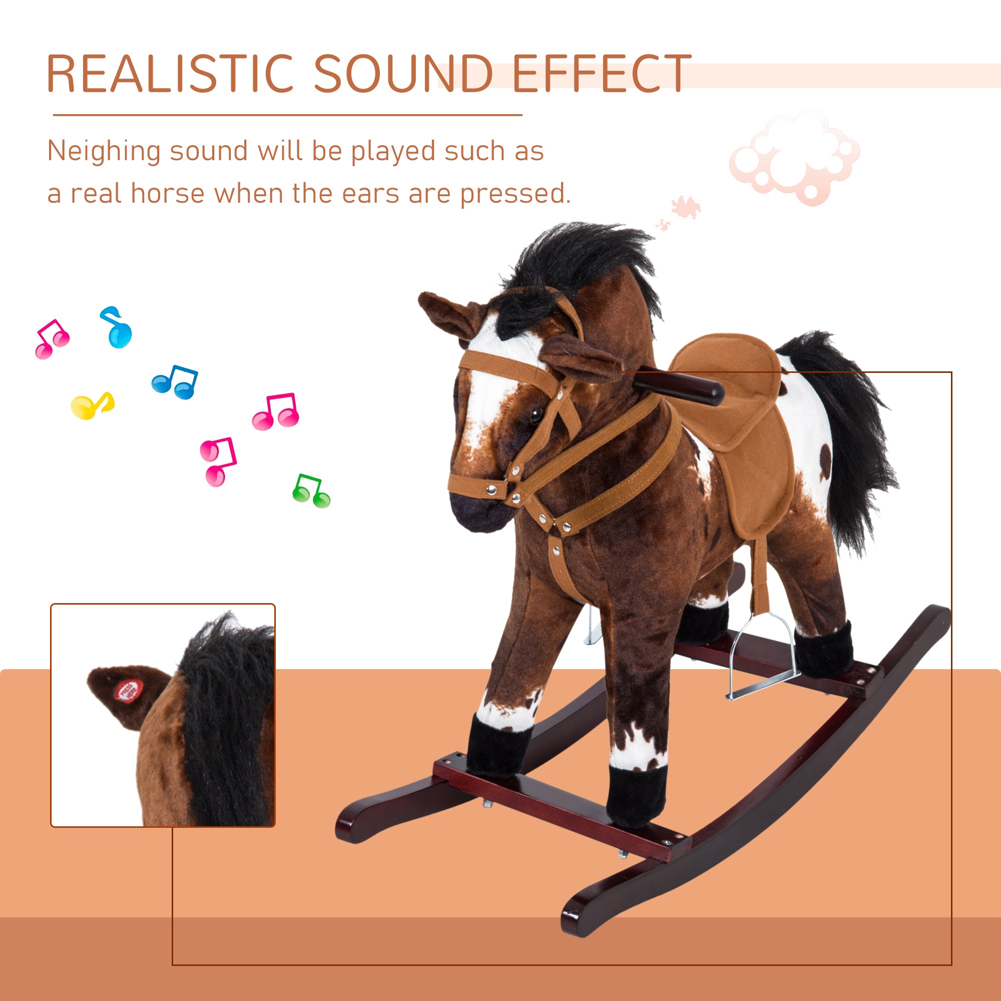 Kids Wooden Plush Ride-On Rocking Horse Chair Toy with Realistic Sounds Dark Brown/White