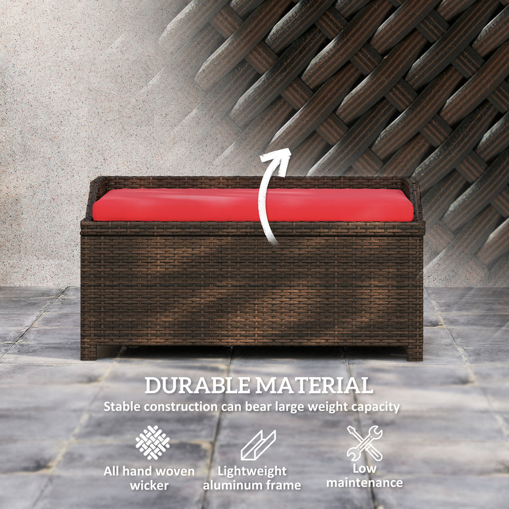 Outdoor Wicker Storage Bench with Storage & Cushion, Red