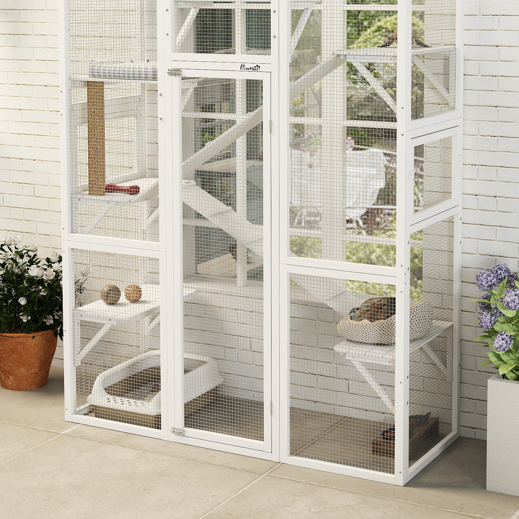 Outdoor Catio Cat Enclosure, Large Wooden Cat House with 6 Jumping Platforms, Scratching Post, 2 Ramps, for 2-3 Kittens