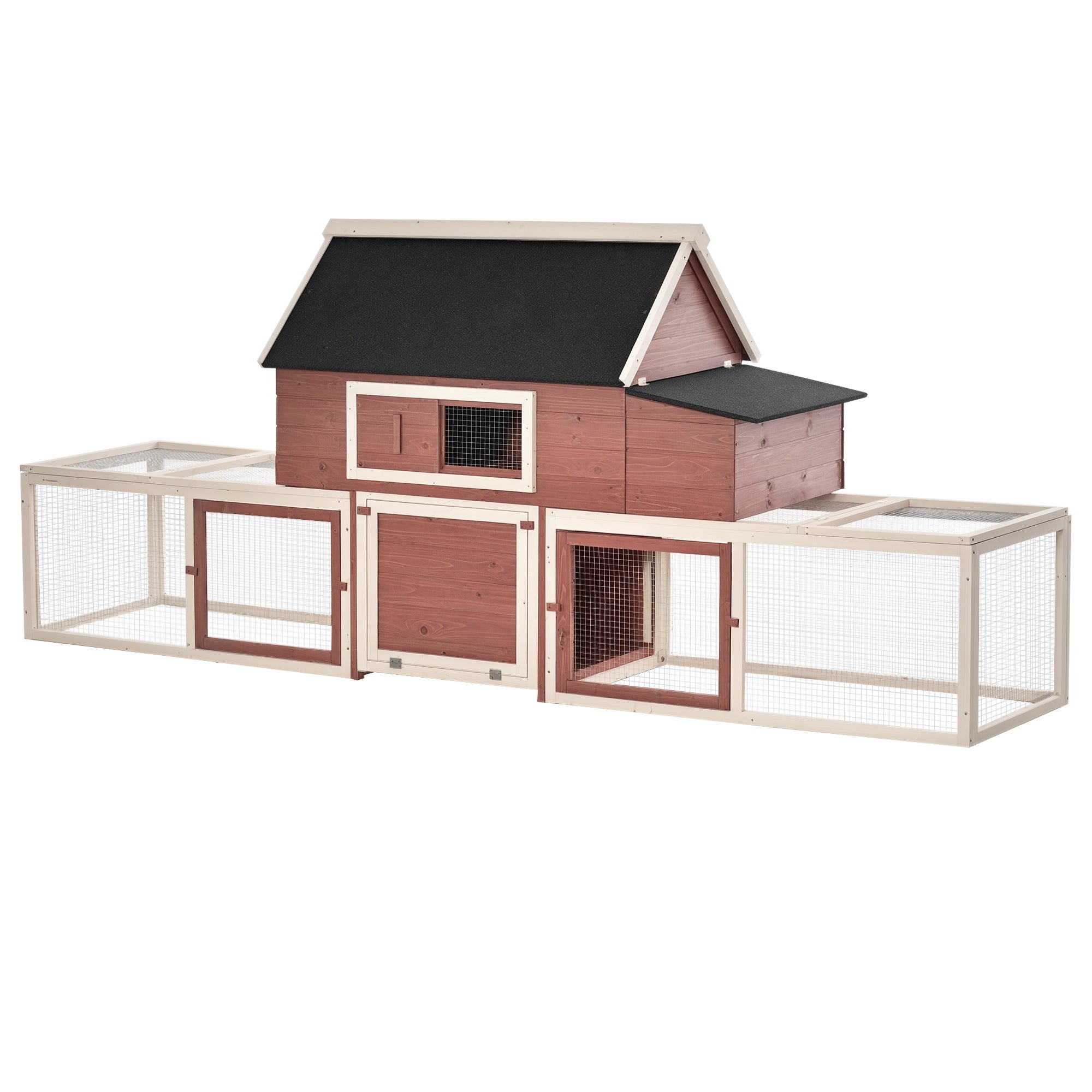 Wooden Chicken Coop, Outdoor Chicken Cage Poultry Hen House with Nesting Box, Double Runs, Asphalt Roof, Ramp