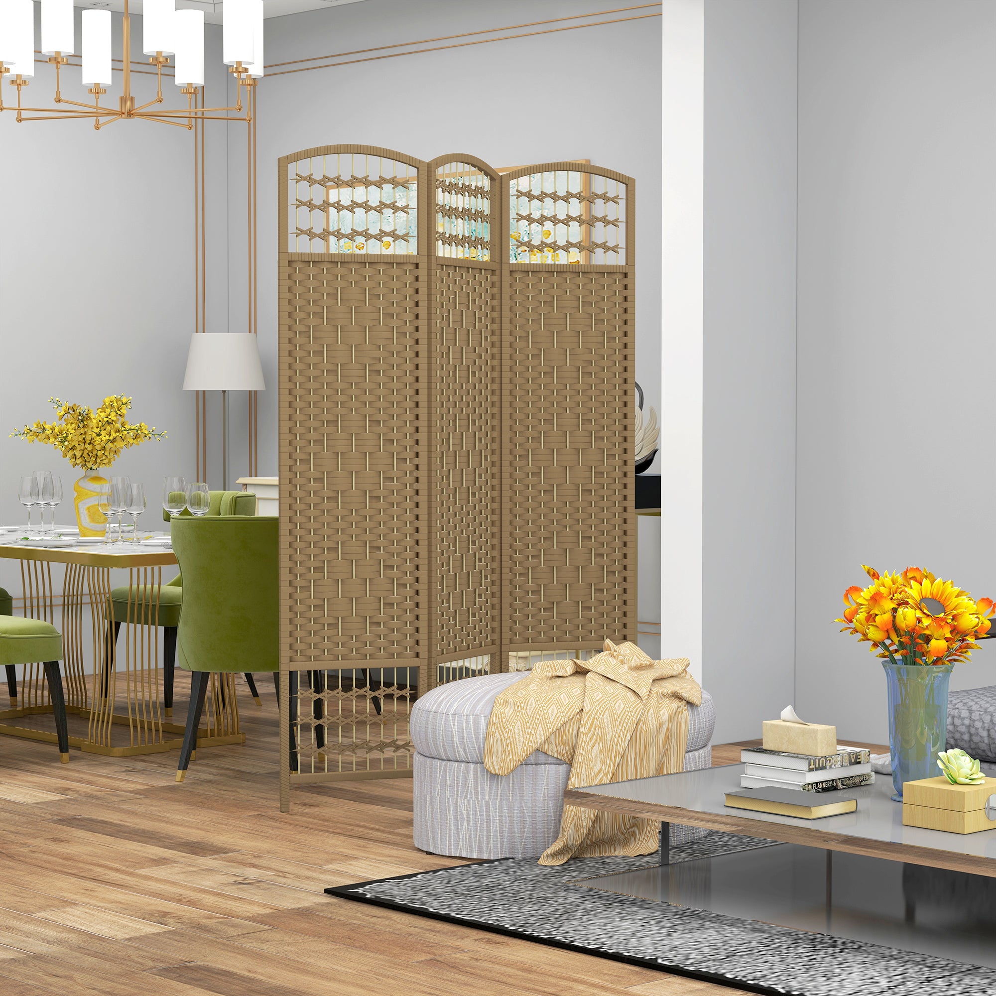 3 Panel Folding Room Divider Portable Privacy Screen Wave Fiber Room Partition for Home Office Natural