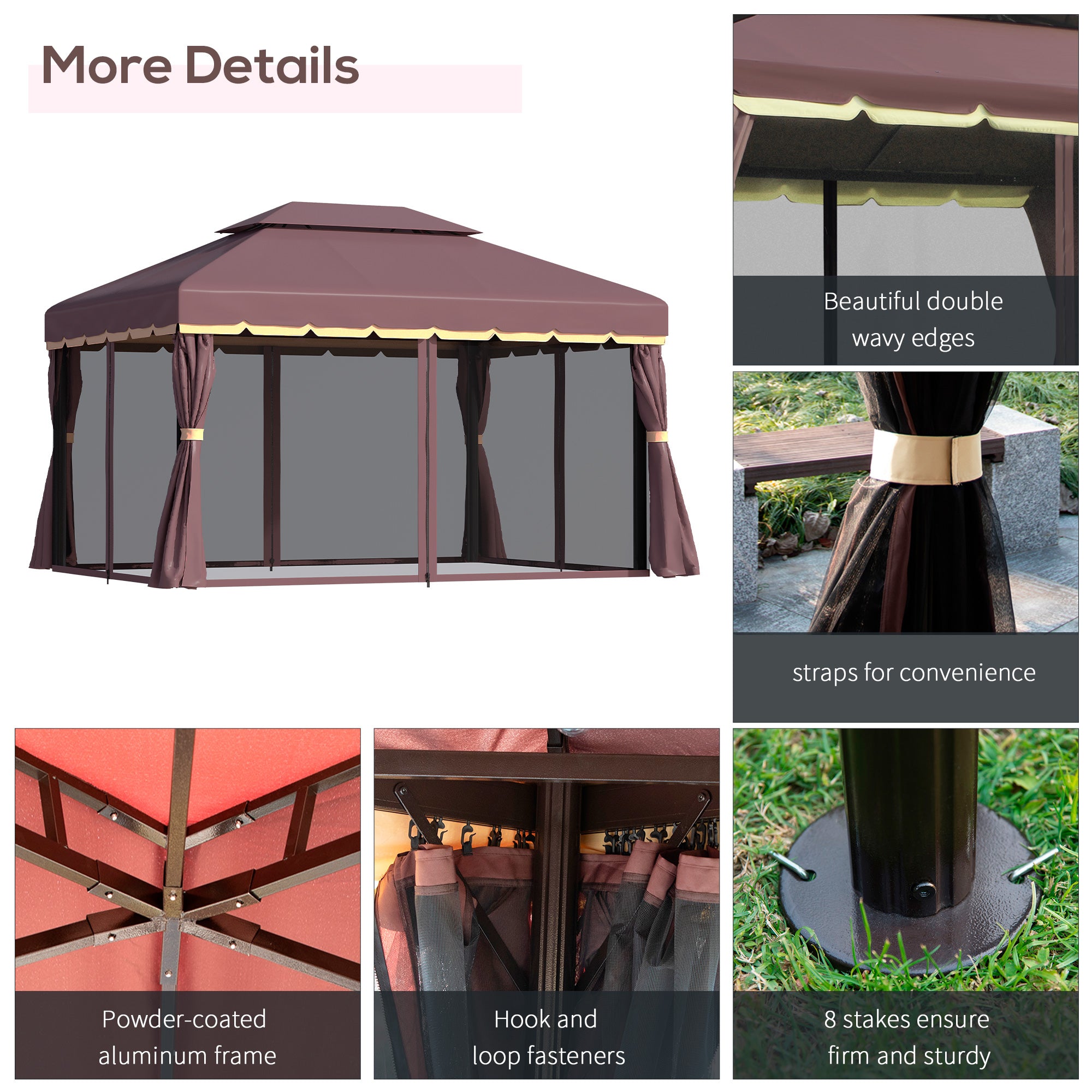 10' x 13' Patio Gazebo, Aluminum Frame Double Roof Outdoor Gazebo Canopy Shelter with Netting & Curtains, Coffee