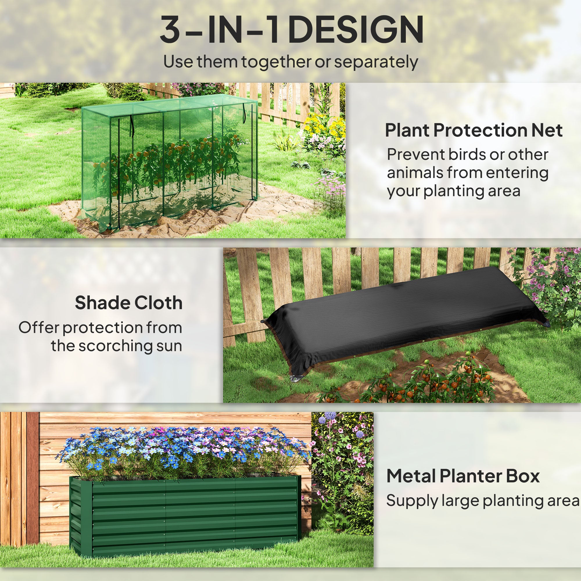 Galvanized Steel Planter Box with Crop Cage and Shade Cloth, Raised Garden Bed for Flowers, Veggies and Herbs, Green