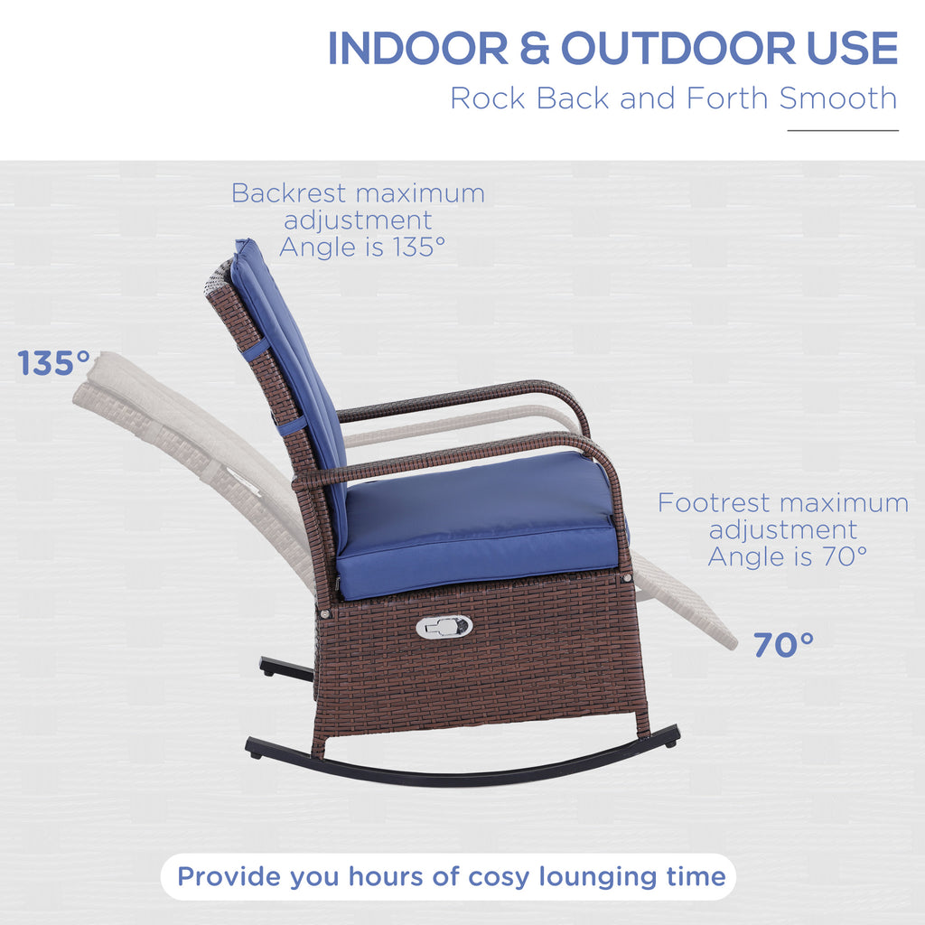 Outdoor Rattan Wicker Rocking Chair Patio Recliner with Soft Cushion, Adjustable Footrest, Max. 135 Degree Backrest, Blue