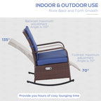 Outdoor Rattan Wicker Rocking Chair Patio Recliner with Soft Cushion, Adjustable Footrest, Max. 135 Degree Backrest, Blue