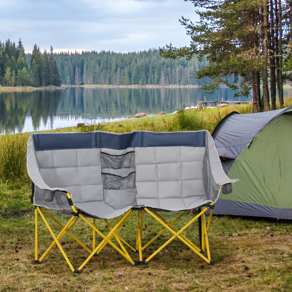 Loveseat Style Camping Chair, Oversized Folding Lawn Chair with Carry Bag & Cup Holders, for Outdoor, Navy Blue & Gray