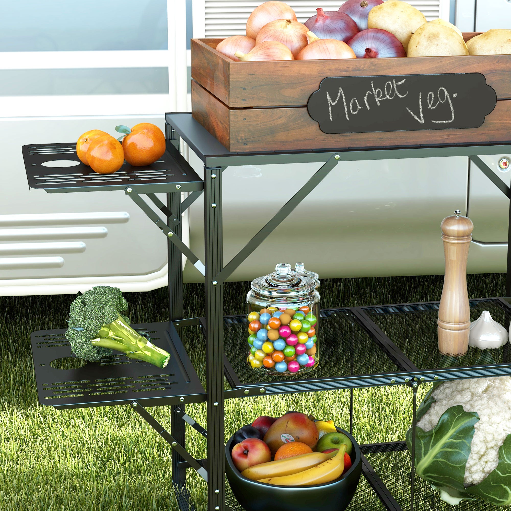 Folding Camp Kitchen, Camping Table Cooking Station with Adjustable Lamp Stand
