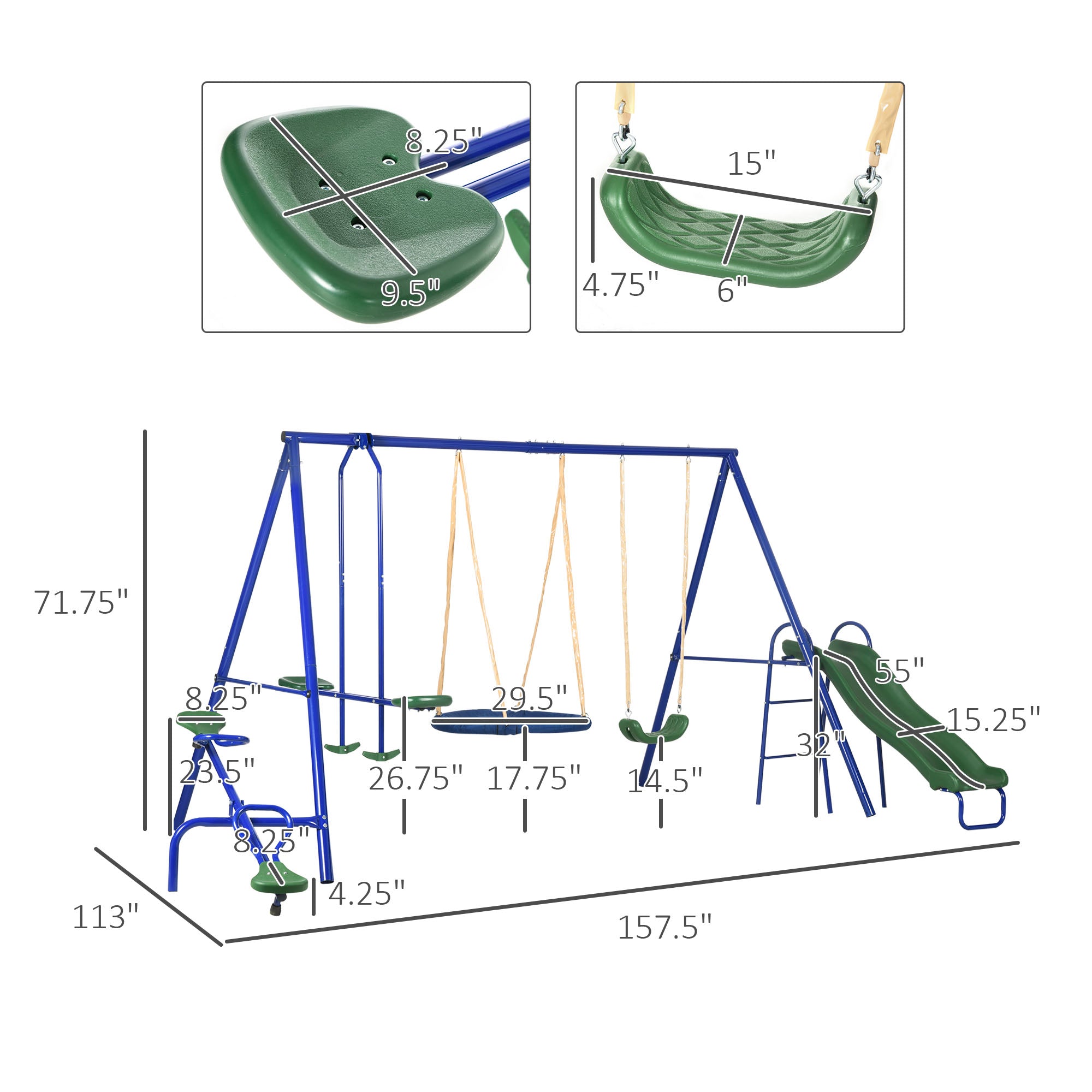 693 lbs Metal Swing Set for Kids, 5 in 1 Outdoor Playset with Heavy Duty A-Frame Stand, 29.5" Saucer Swing, Slide, Teeter-Totter, Glider, for Backyard, Blue