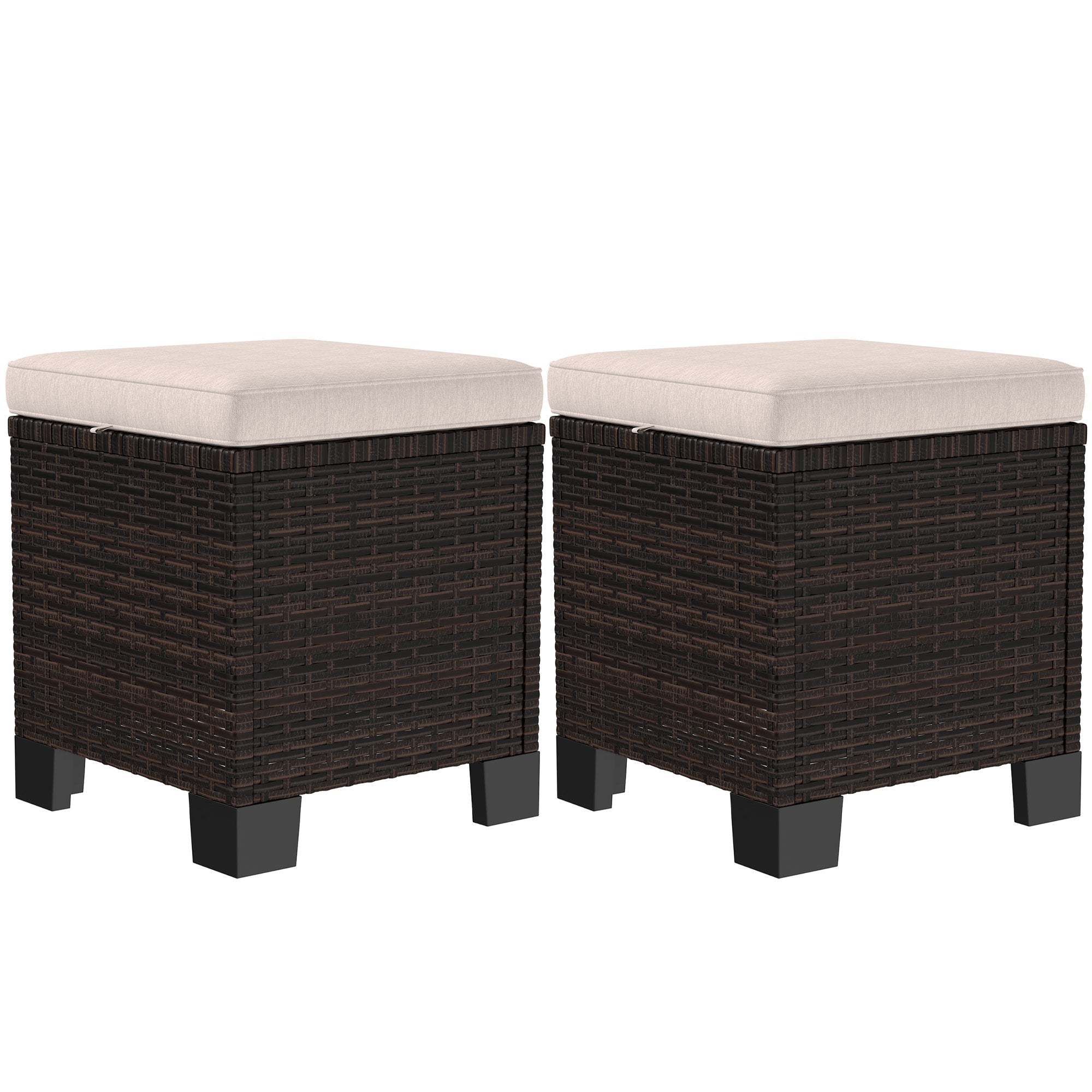 2 Piece Wicker Outdoor Ottomans with Cushions, Rattan Ottoman Footrest and Side Table for Patio, Yard, Poolside, Cream