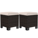 2 Piece Wicker Outdoor Ottomans with Cushions, Rattan Ottoman Footrest and Side Table for Patio, Yard, Poolside, Cream