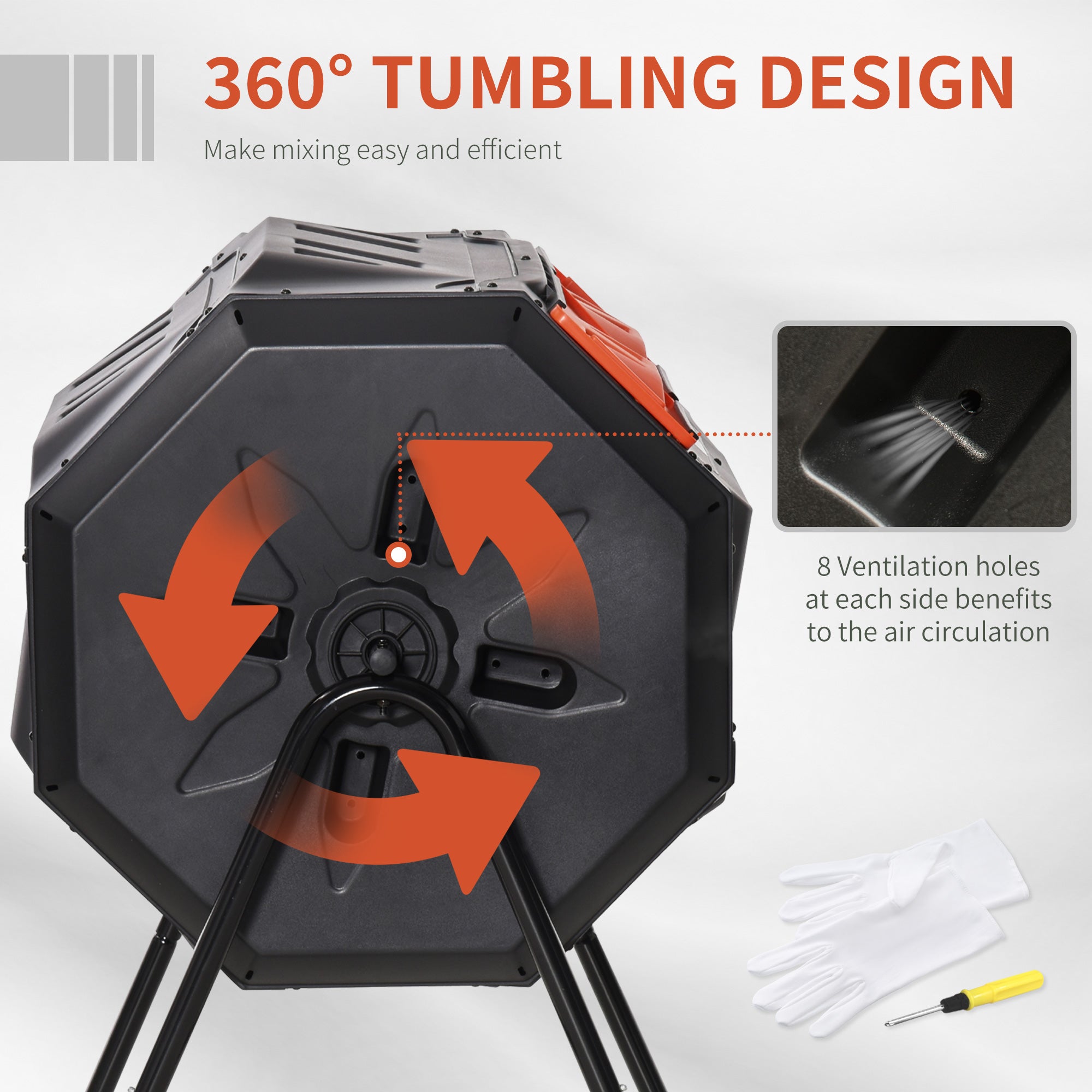 Tumbling Compost Bin Outdoor 360° Dual Chamber Rotating Composter 43 Gallon, Orange