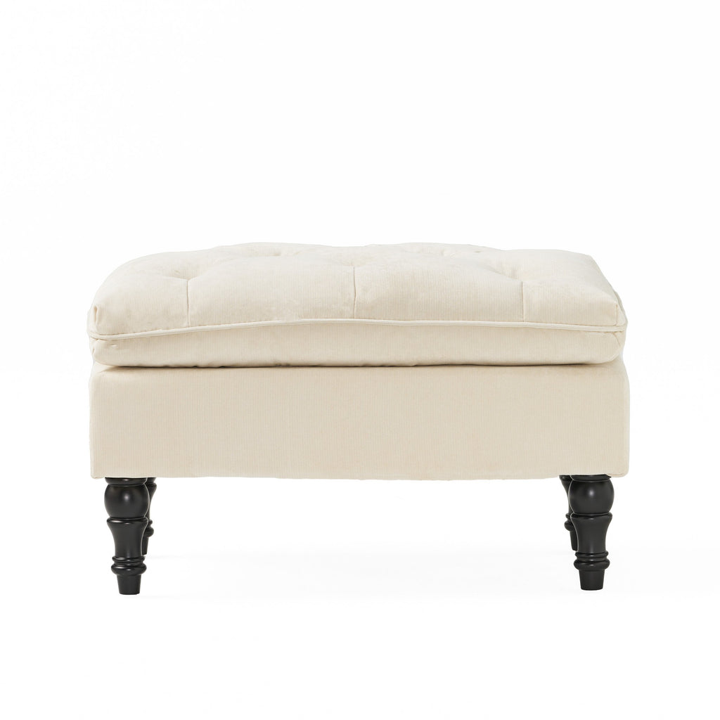 28" Pillow Top Ottoman with Button Tufted Upholstery, Turned Birch Legs, Extra Seating or Footrest, 28.5"x18"x17.75", Cream