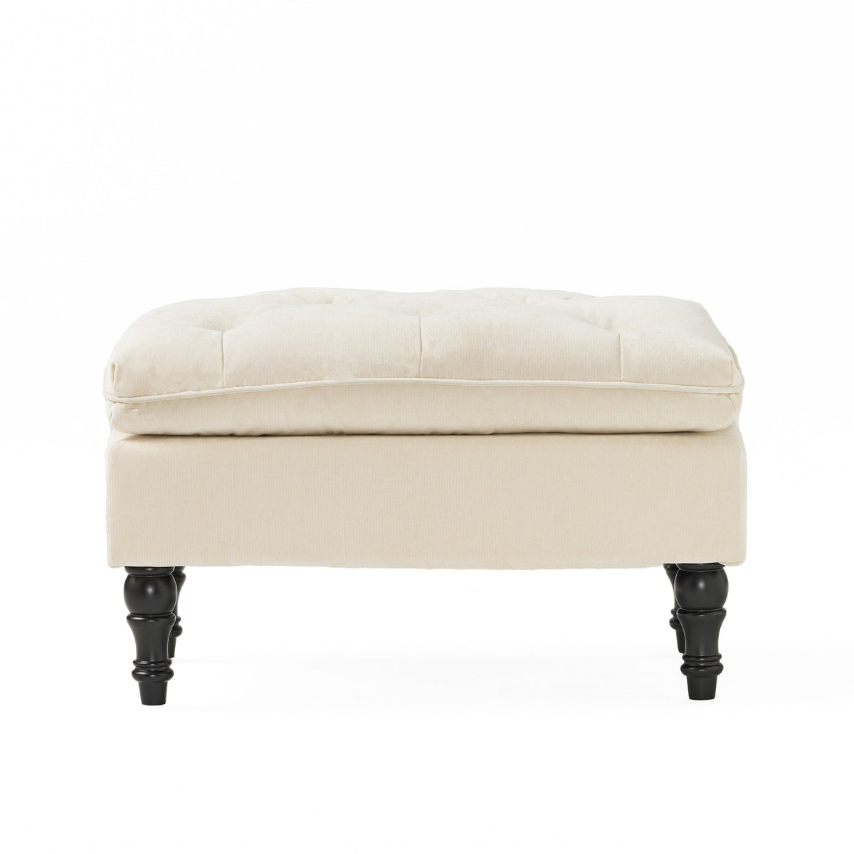 28" Pillow Top Ottoman with Button Tufted Upholstery, Turned Birch Legs, Extra Seating or Footrest, 28.5"x18"x17.75", Cream