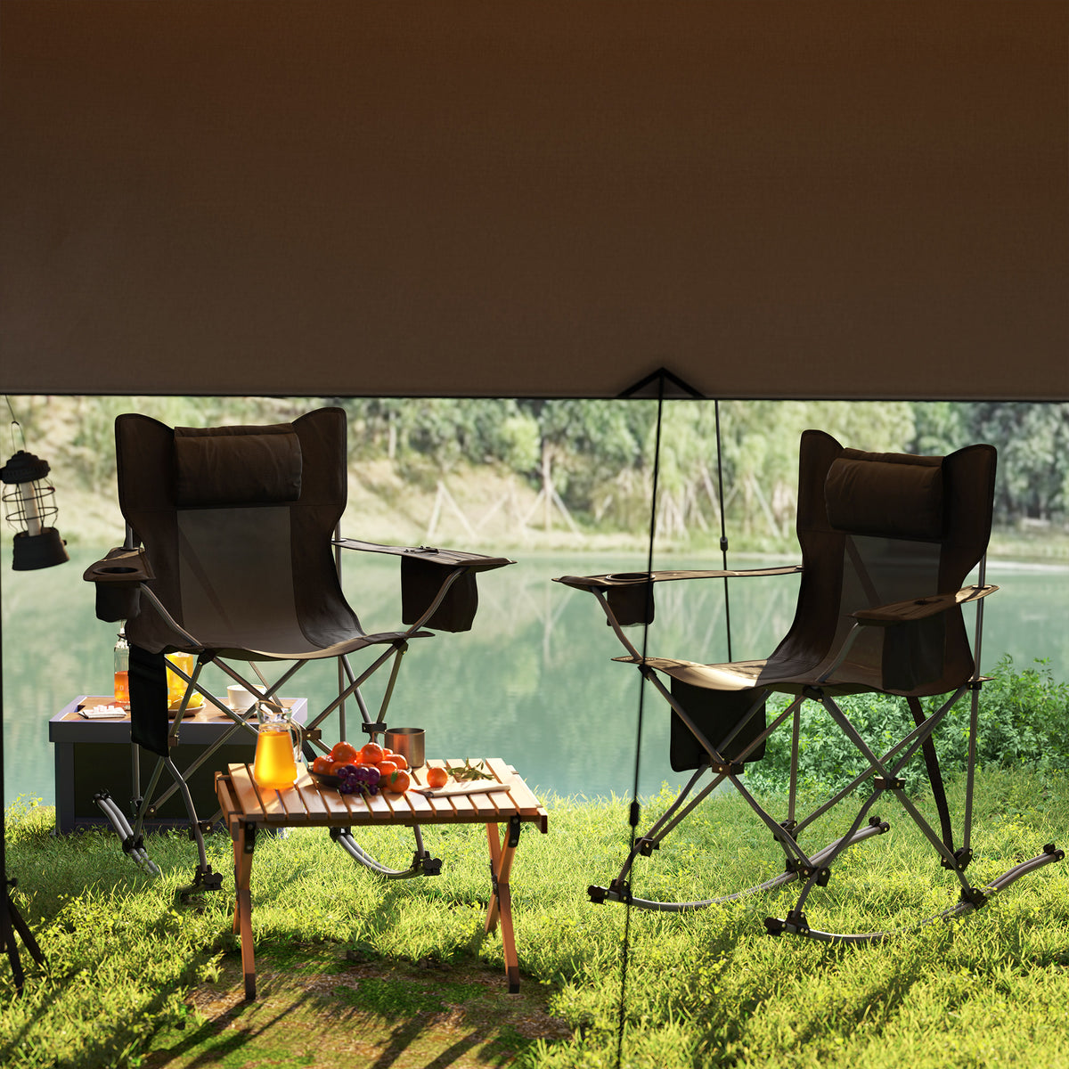 Folding Rocking Camping Chairs, Portable Chairs with Headrest, Cooler Bag, Cup Holder, Carry Bag, 2 Pack, Black
