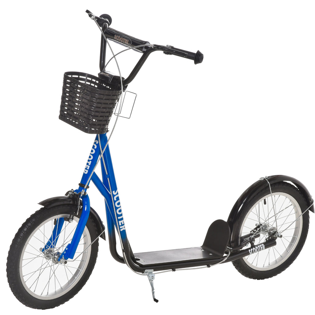 Youth Scooter, Kick Scooter with Adjustable Handlebars, Double Brakes, 16" Inflatable Rubber Tires, Basket, Cupholder, Blue