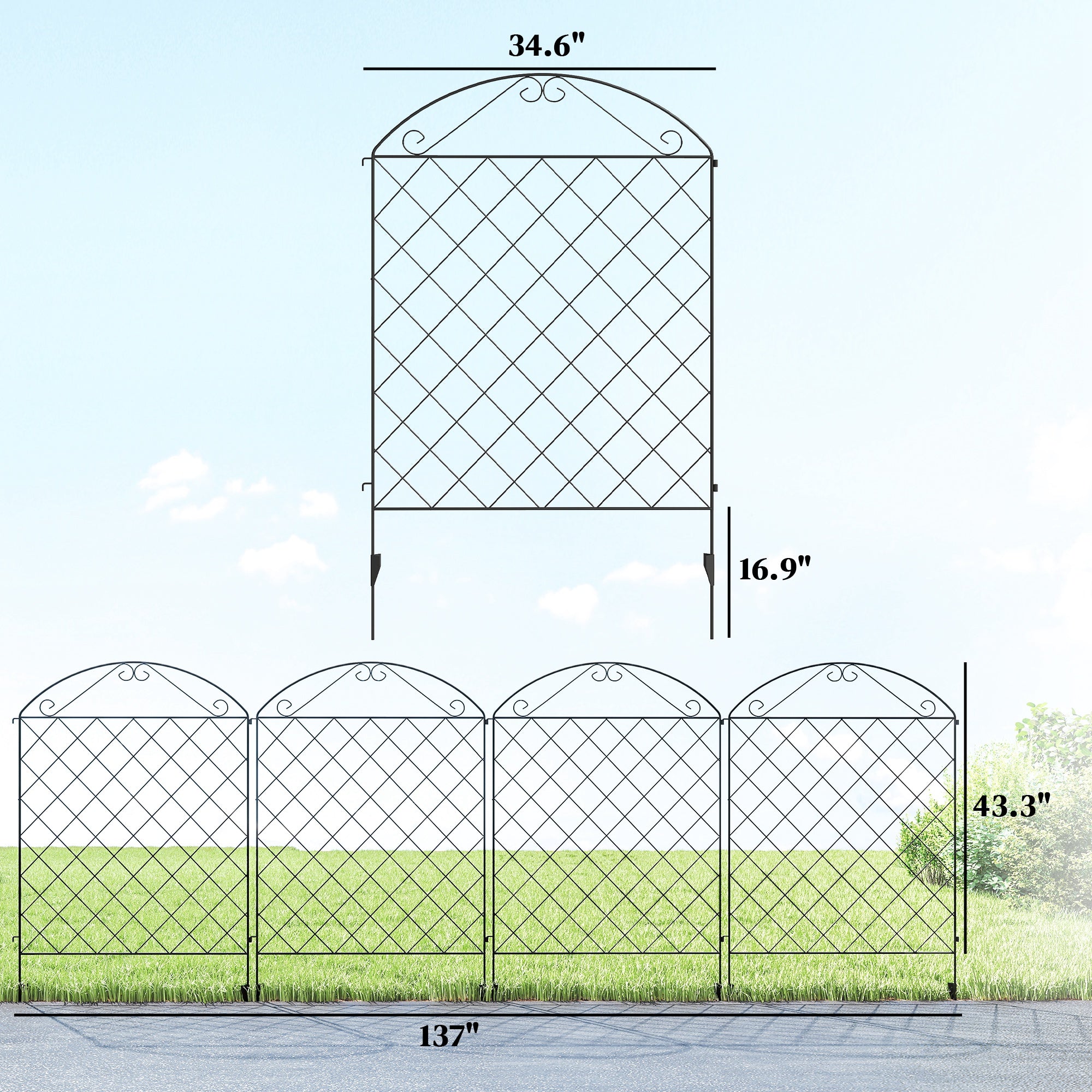Garden Fence, 4 Pack Steel Fence Panels, 11.5' L x 43" H, Rust-Resistant Decorative Border Flower Edging for Yard, Landscape, Patio, Outdoor Decor, Curved Vines