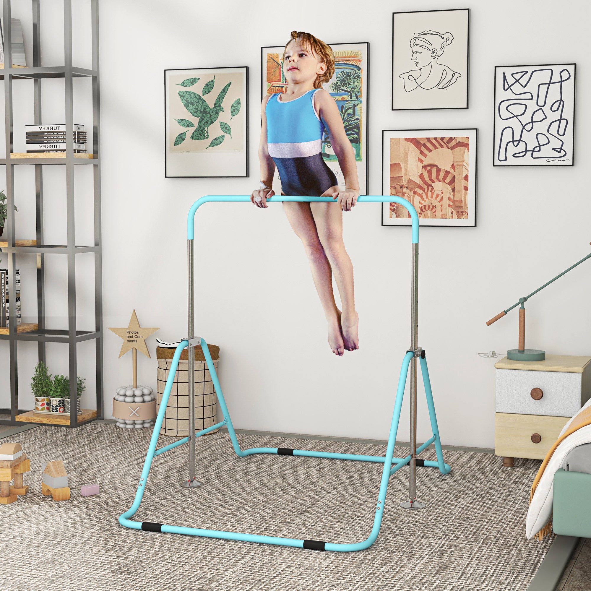 Folding Gymnastics Bar for Kids, Adjustable Height, Green