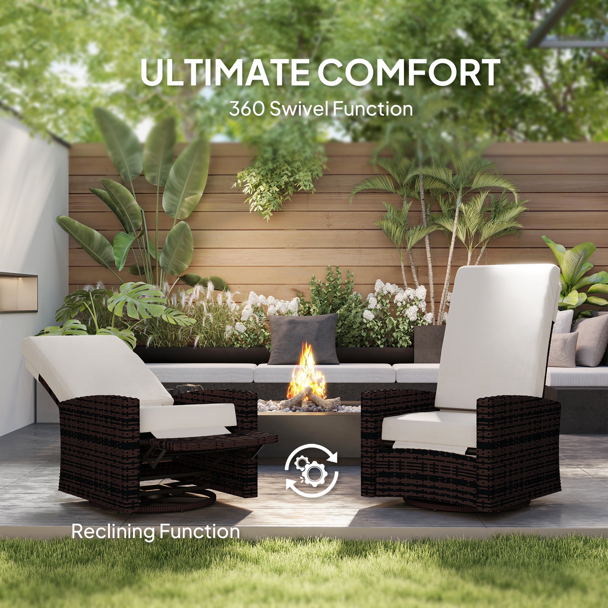 Outdoor Wicker Swivel Recliner Chair, Lifting Footrest, 360° Rotating Basic, Water-resistant Cushions, Khaki