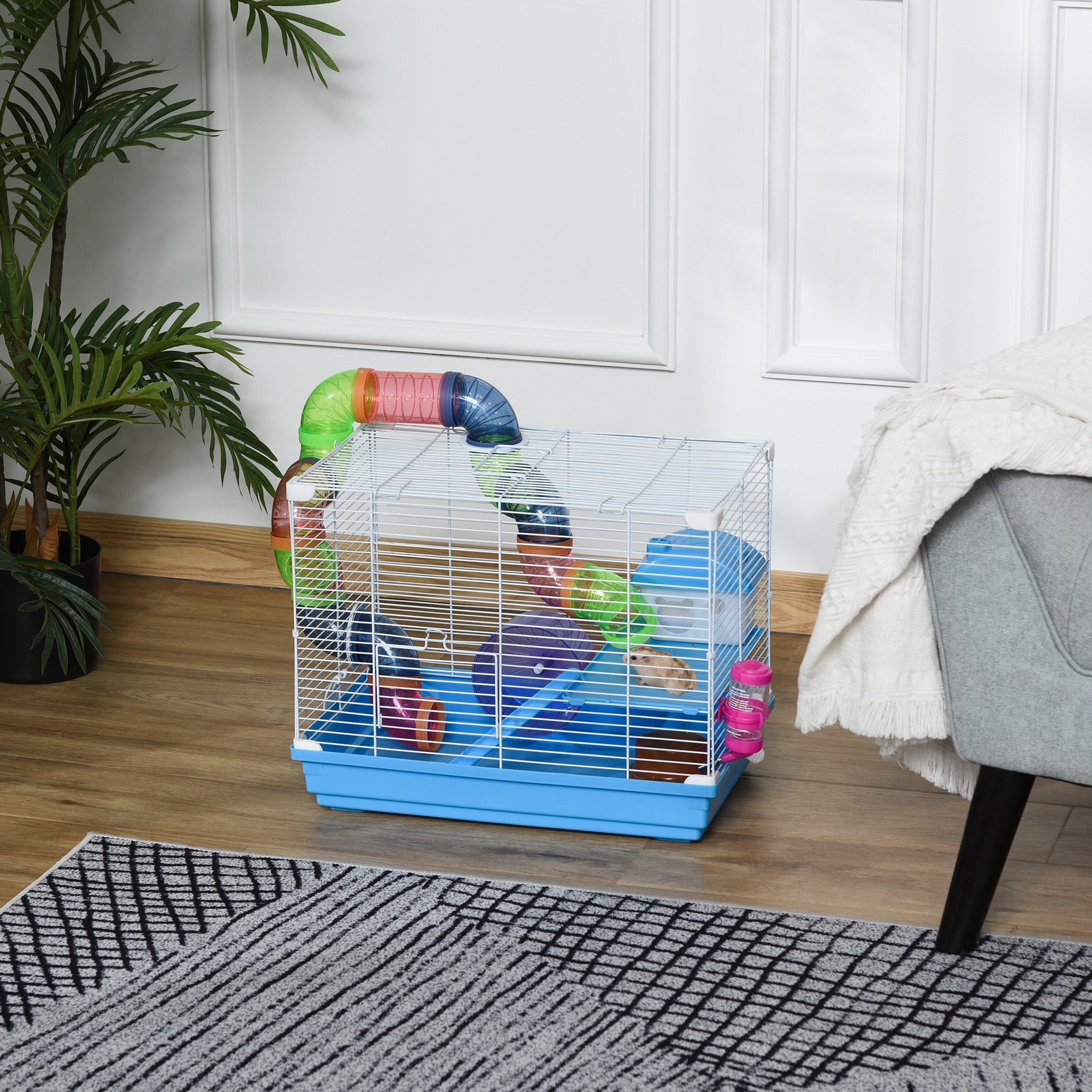 2-Level Hamster Cage Rodent Gerbil House Mouse Mice Rat Habitat Metal Wire with Exercise Wheel, Play Tubes, Water Bottle, Food Dishes, & Interior Ladder