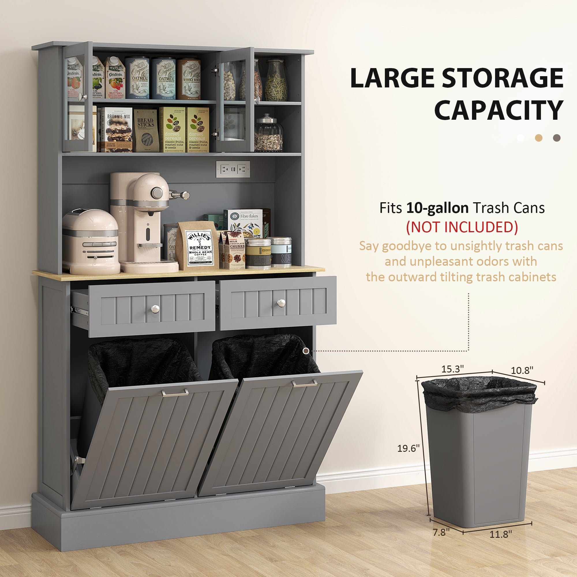 Kitchen Cabinet with Charging Station, 2 Tilt Out Cabinets, Microwave Stand, Freestanding Kitchen Pantry Cabinet, Gray