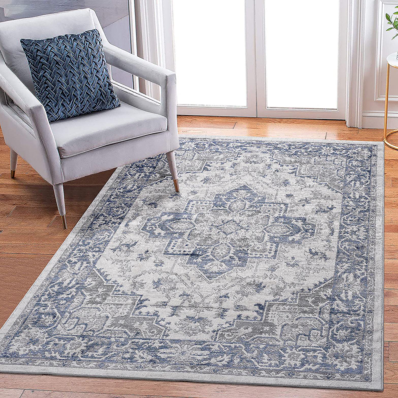 Naar 5x7 Stain-Resistant Area Rug with Cotton Backing, Medium Pile Height, Kid and Pet-Friendly Carpet, 90" L x 63" W x 0.35" H, Blue+Gray