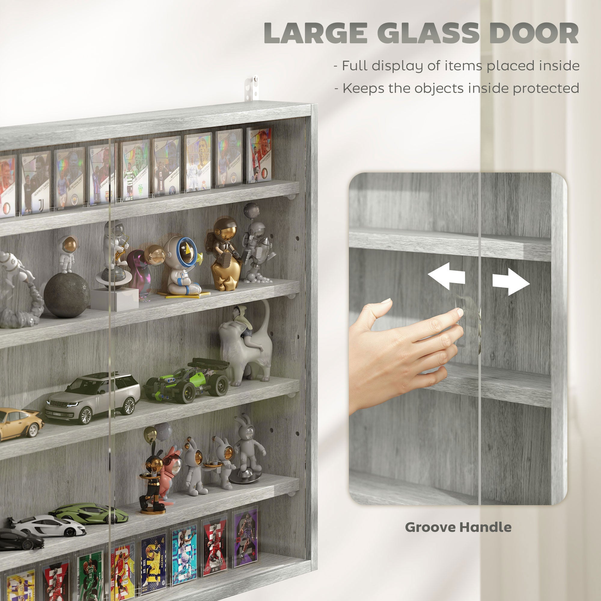 5-Tier Display Cabinet, Wall-Mounted Display Case with 2 Glass Doors and Adjustable Shelves, Gray