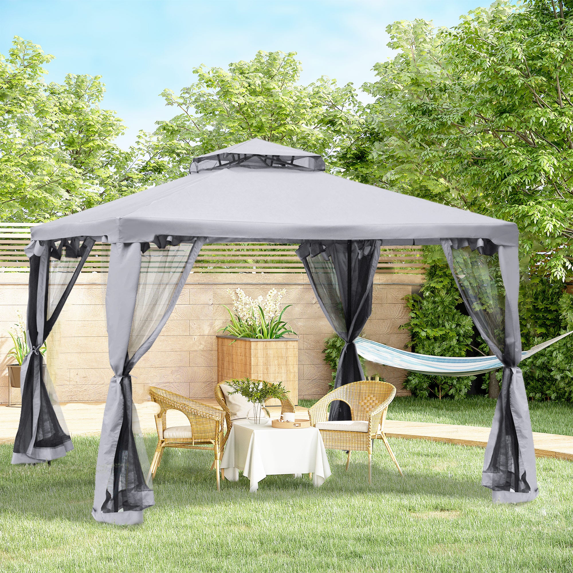 9.6' x 9.6' Patio Gazebo, Outdoor Canopy Shelter with 2-Tier Roof and Netting, Steel Frame for Garden, Lawn, Backyard, and Deck, Gray