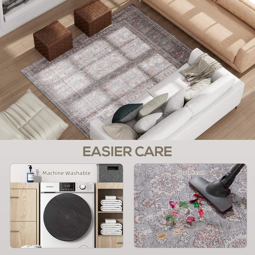 Machine Washable Area Rug 4x6, Non-Slip Traditional Flower Print Floor Carpet for Living Room, Bedroom, Grey and Brown
