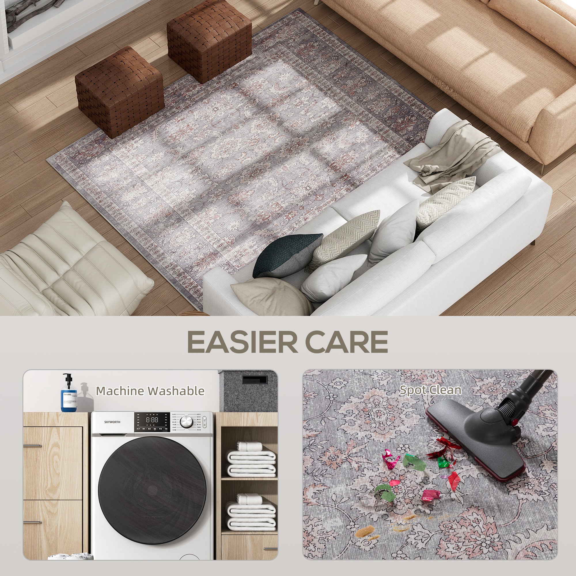 Machine Washable Area Rug 4x6, Non-Slip Traditional Flower Print Floor Carpet for Living Room, Bedroom, Grey and Brown
