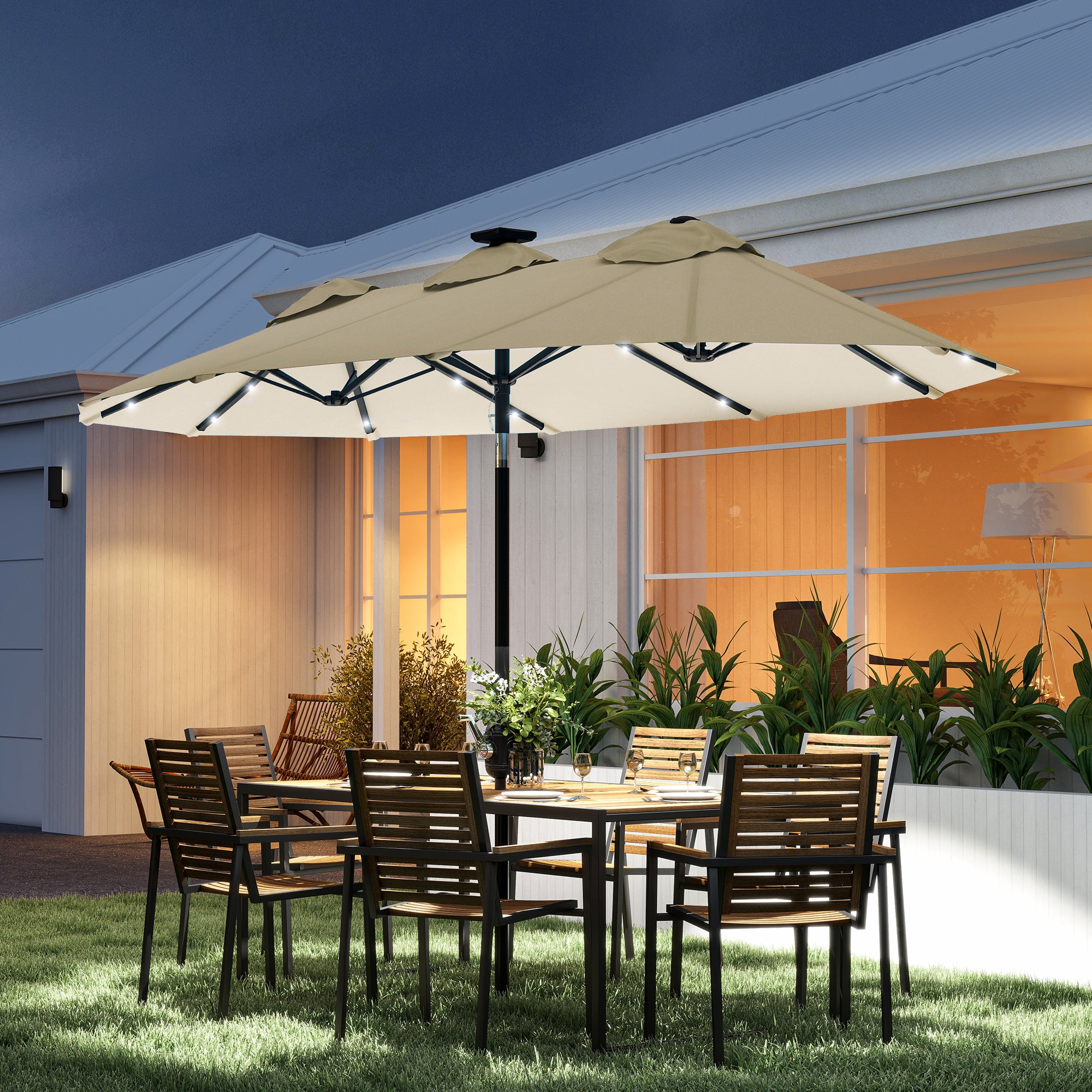 Double-sided Patio Umbrella, 9.7' Outdoor Umbrella with Tilt and Crank, LED Solar Light and 12 Ribs, Cream White